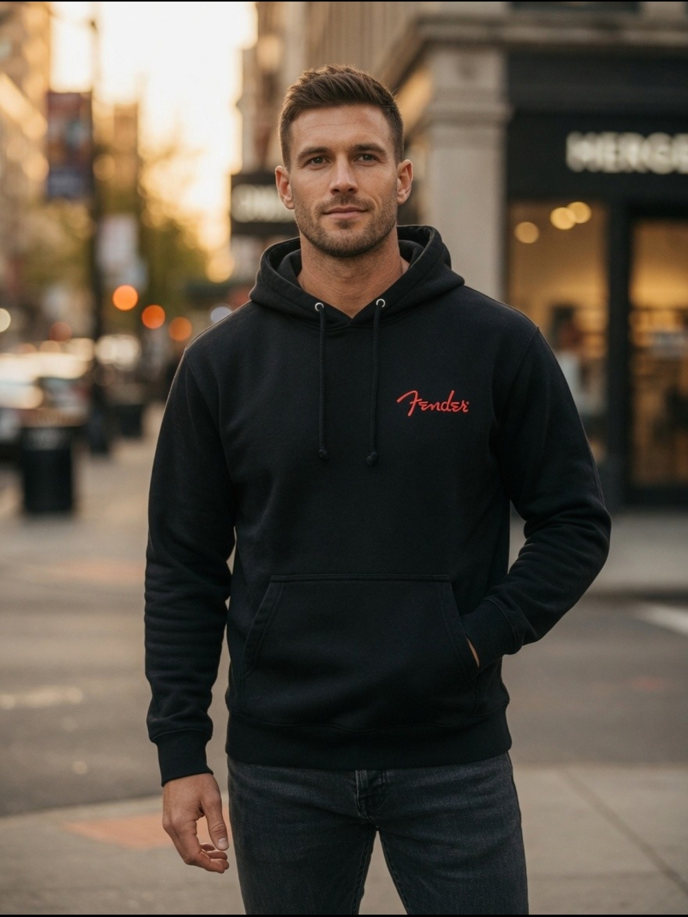 Fender Men's Black Hoodie with Red Logo